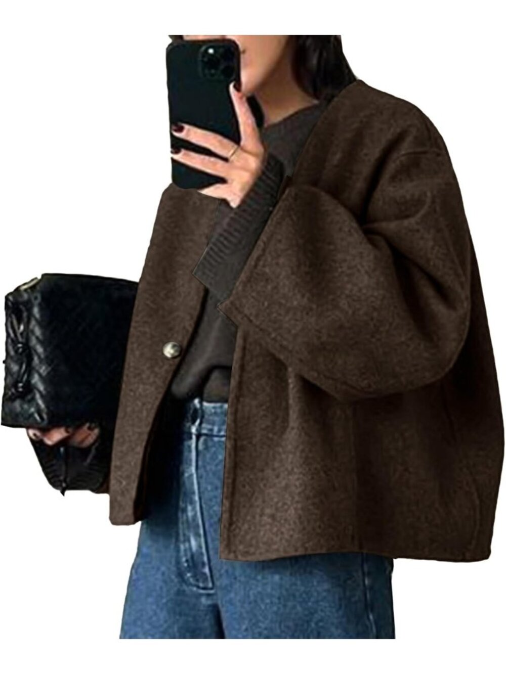 Women's Brown Wool Blend Cropped Collarless Long Sleeve Short Fall Pea Overcoat